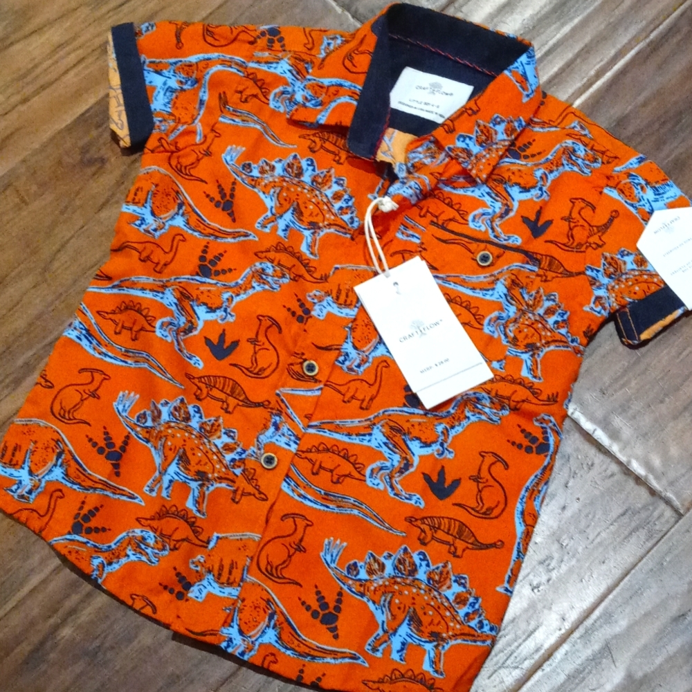 Craft + Flow Dinosaur Button Shirt Orange 4 5